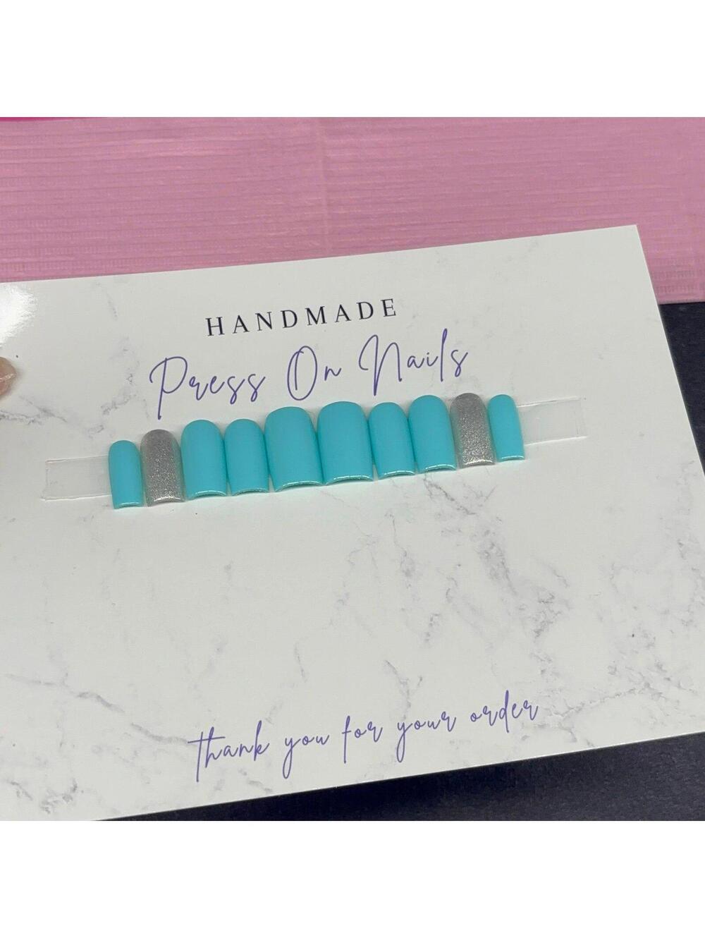 Short square Press on nails silver glitter teal light blue handmade custom gel - Picture 3 of 8